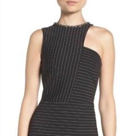 ALI & JAY Dresses & Skirts - Ali & Jay Black White Pinstripe Ponte Halter MinDress Embellished Neckline L NWT